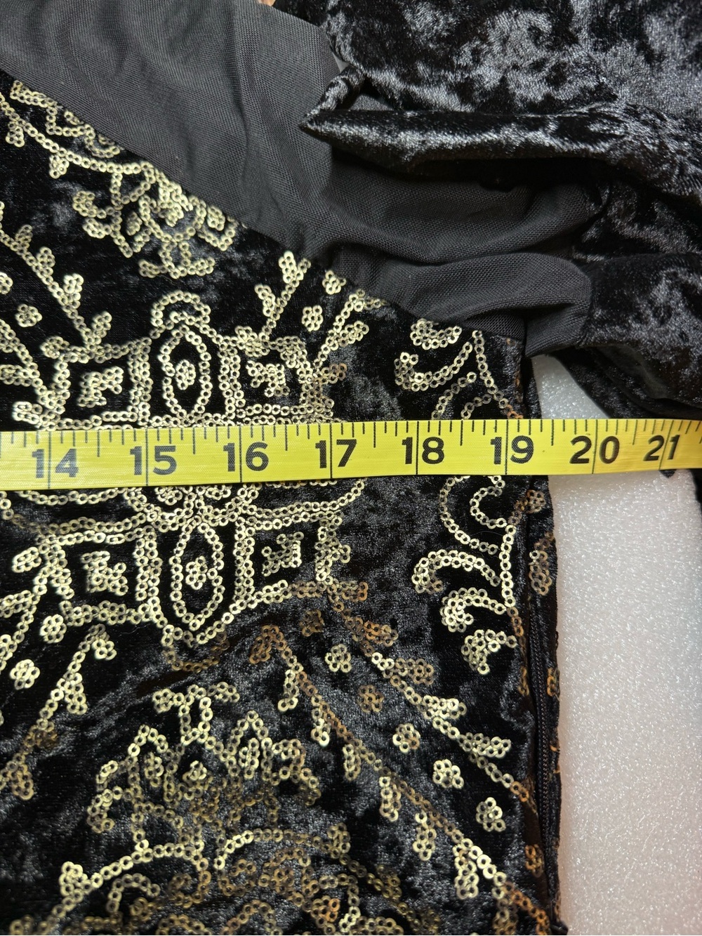 VENUS Gold Sequin Black Velvet Midi Dress Sheer Ruffle Sleeve Side Slit - L - Picture 11 of 15